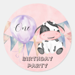 Pegatina Redonda Chica de Moo Cow Primer Fiesta de cumpleaños