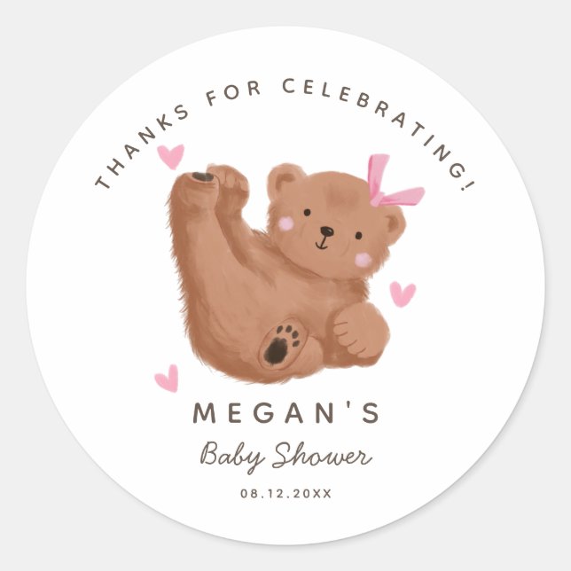 Pegatina Redonda Chica de oso de cub Baby Shower Woodland (Anverso)
