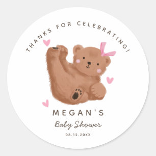 Pegatina Redonda Chica de oso de cub Baby Shower Woodland