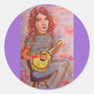 Pegatina Redonda chica de pelo rojo y ukulele