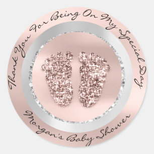 Pegatina Redonda Chica de pies Baby Shower Nombre Rosa Gris VIP