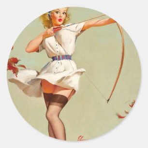 Pegatina Redonda Chica de Pin-Up de Tiro con Arco