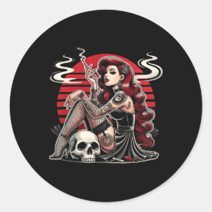Pegatina Redonda Chica de Pin-up Gótica con Tatuajes y Calavera Hor