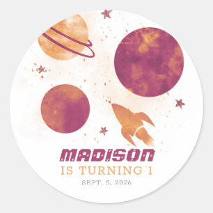 Pegatina Redonda Chica de Planeta de Acuarela del Espacio Ultraterr