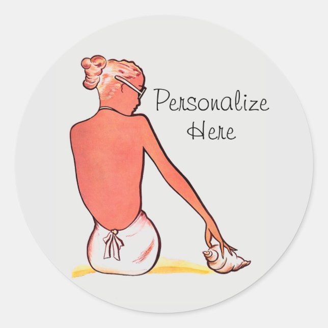 Pegatina Redonda Chica de playa de época con elegante verano de con (Anverso)