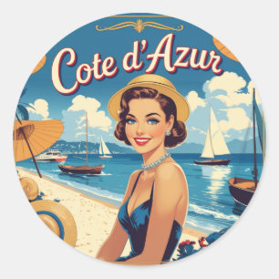 Pegatina Redonda Chica de playa de estilo vintage Cote D'Azur