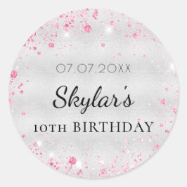 Pegatina Redonda Chica de purpurina rosa plateado de cumpleaños