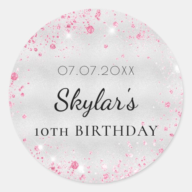 Pegatina Redonda Chica de purpurina rosa plateado de cumpleaños (Anverso)