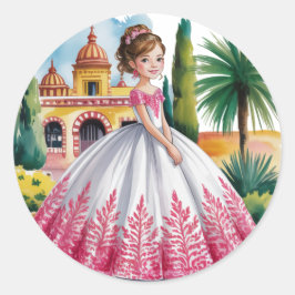 Pegatina Redonda Chica de Quinceañera en traje rosa y blanco