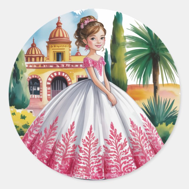 Pegatina Redonda Chica de Quinceañera en traje rosa y blanco (Anverso)