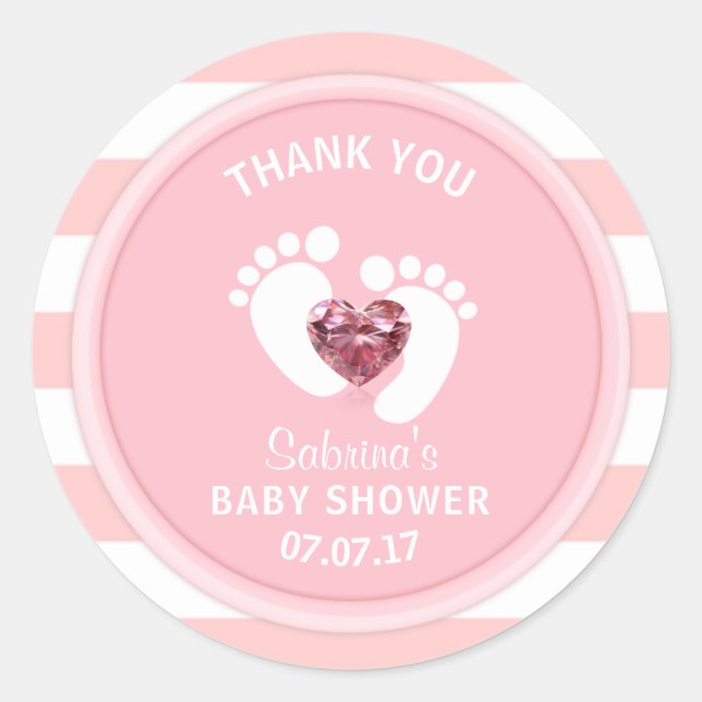 Pegatina Redonda Chica de rayas blancas rosadas finas Baby Shower/S (Anverso)