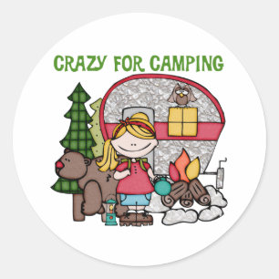Pegatina Redonda Chica De Rubia Loco Por Camping