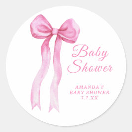 Pegatina Redonda Chica de shower de bebé con lazo rosa