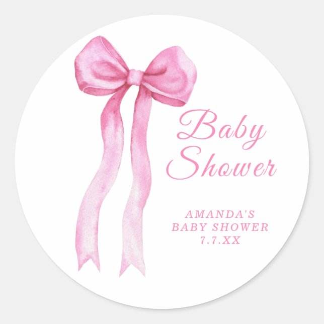 Pegatina Redonda Chica de shower de bebé con lazo rosa (Anverso)