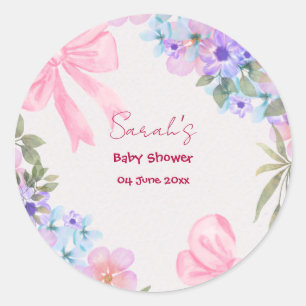 Pegatina Redonda Chica de Shower de Bebé con Lazo Rosa Floral