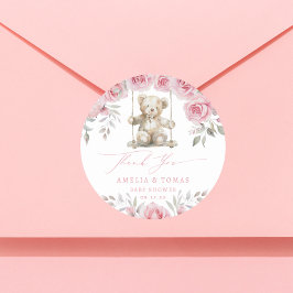 Pegatina Redonda Chica de Teddy Floral Rosa Baby Shower