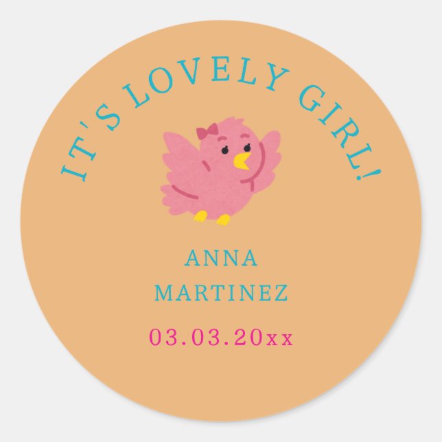 Pegatina Redonda Chica de tema de pájaro rosado lindo Baby Shower (Anverso)