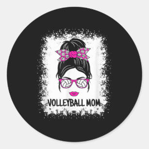 Pegatina Redonda Chica de voleibol, madre, desordenada mujer de bol