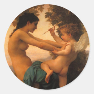 Pegatina Redonda Chica defendiéndose contra cupido de Bouguereau