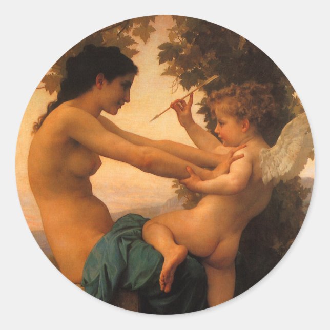 Pegatina Redonda Chica defendiéndose contra cupido de Bouguereau (Anverso)
