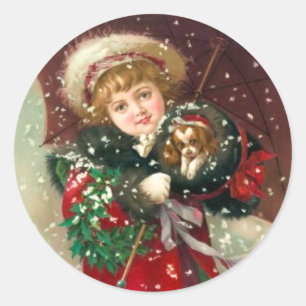 Pegatina Redonda Chica del invierno de Maud Humphrey con el perro