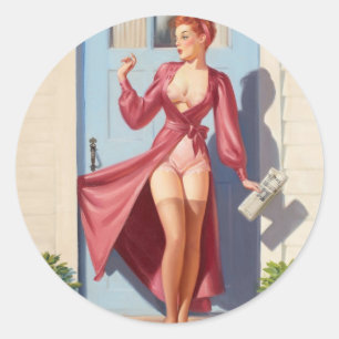 Pegatina Redonda Chica del Pin-Up del Periódico Matutino
