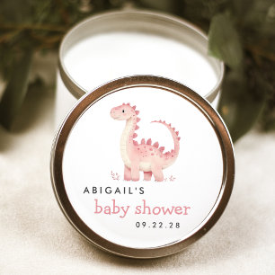 Pegatina Redonda Chica Dinosaurio Rosa Aquarela Baby Shower Adorabl
