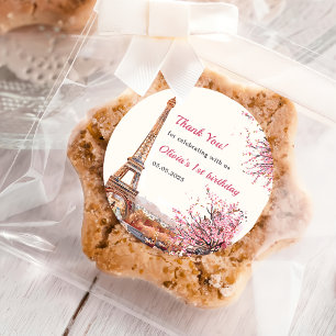 Pegatina Redonda Chica Eiffel Tower París Primer Fiesta de cumpleañ