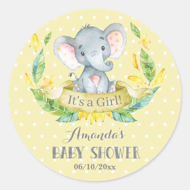 Pegatina Redonda Chica Elefante Baby Shower Amarillo y Gris (Anverso)