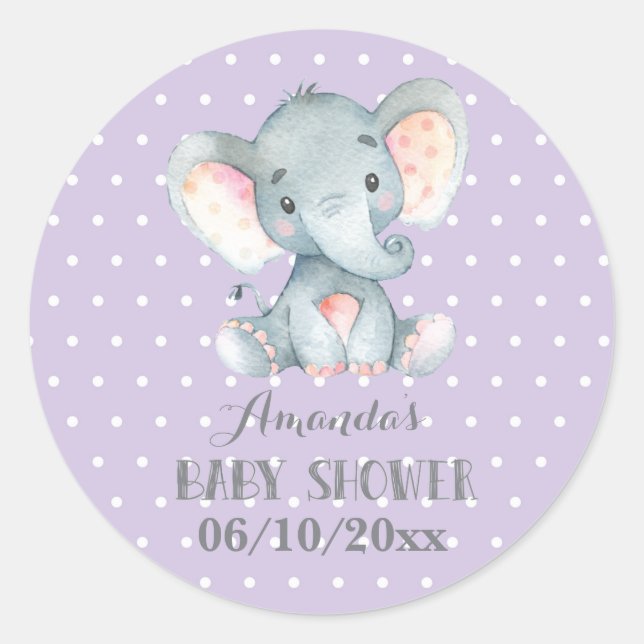Pegatina Redonda Chica Elefante Baby Shower Morado y Gris (Anverso)