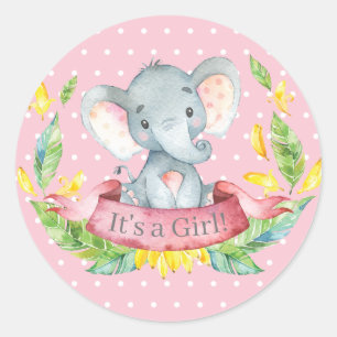 Pegatina Redonda Chica Elefante Baby Shower Rosa