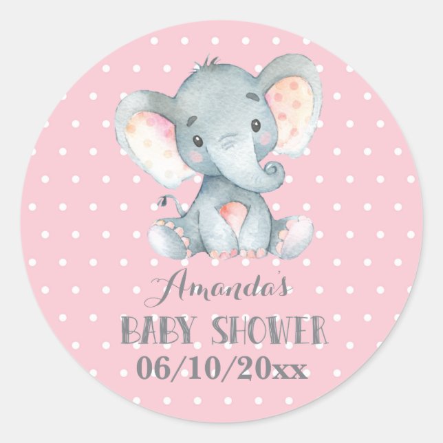Pegatina Redonda Chica Elefante Baby Shower Rosa y Gris (Anverso)
