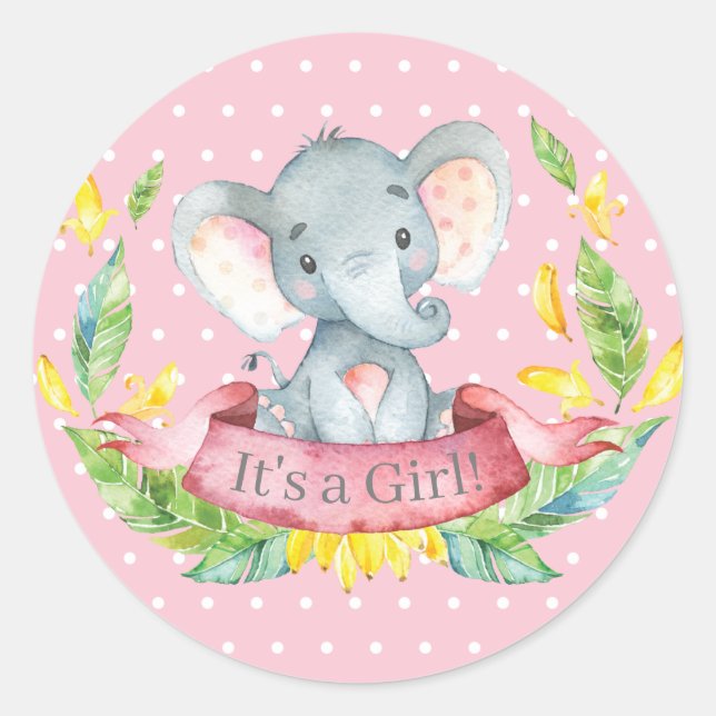 Pegatina Redonda Chica Elephant Baby Shower Pink (Anverso)