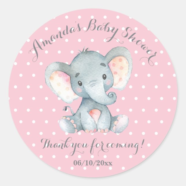 Pegatina Redonda Chica Elephant Baby Shower Pink Gracias A Favor (Anverso)