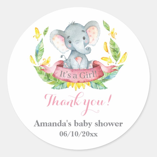 Pegatina Redonda Chica Elephant Baby Shower Pink Gracias A Favor (Anverso)