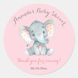 Pegatina Redonda Chica Elephant Baby Shower Pink Gracias A Favor