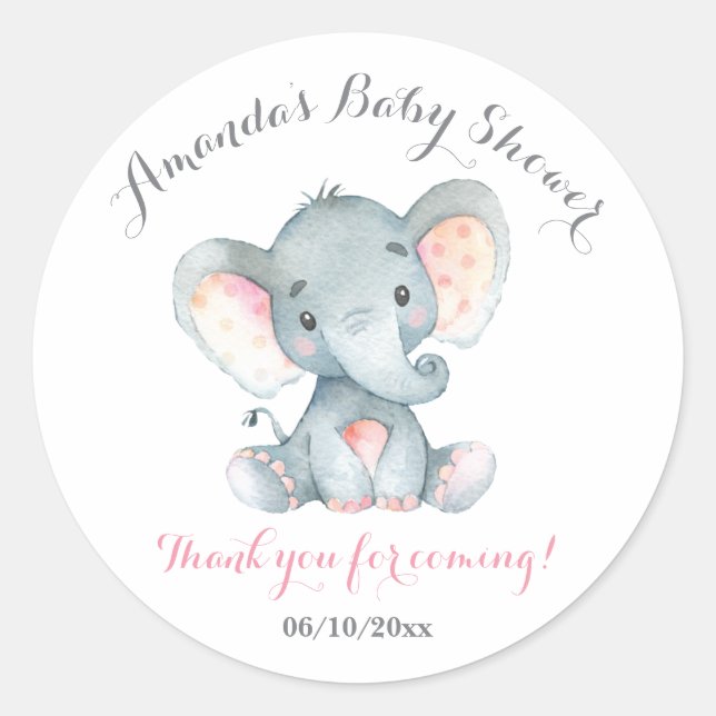 Pegatina Redonda Chica Elephant Baby Shower Pink Gracias A Favor (Anverso)