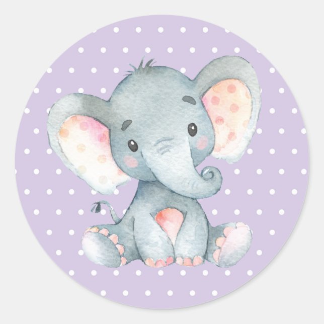 Pegatina Redonda Chica Elephant Baby Shower Purple (Anverso)