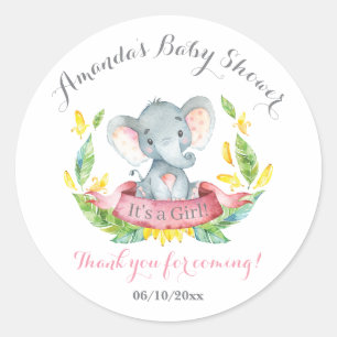 Pegatina Redonda Chica Elephant Baby Shower Rosa Gracias A Favor