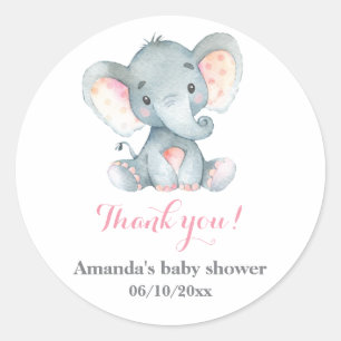 Pegatina Redonda Chica Elephant Baby Shower Rosa Gracias A Favor