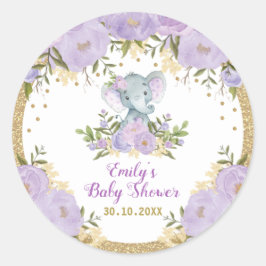 Pegatina Redonda Chica Elephant Purple Gold Flower Baby Shower