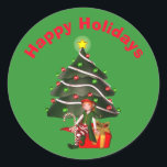 Pegatina Redonda Chica Elf Christmas Tree Holiday<br><div class="desc">El caprichoso chica sentado en un regalo sosteniendo un bastón de caramelo frente a un pegatina navideño.  Puede cambiar o eliminar el saludo.  Por favor visite mi galería para ver más Navidades tarjetas de vacaciones y regalos.  ¡Gracias por pasarse por Smilin' Eyes Treasures!</div>