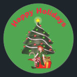Pegatina Redonda Chica Elf Christmas Tree Holiday<br><div class="desc">El caprichoso chica sentado en un regalo sosteniendo un bastón de caramelo frente a un pegatina navideño.  Puede cambiar o eliminar el saludo.  Por favor visite mi galería para ver más Navidades tarjetas de vacaciones y regalos.  ¡Gracias por pasarse por Smilin' Eyes Treasures!</div>