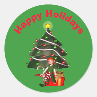 Pegatina Redonda Chica Elf Christmas Tree Holiday 