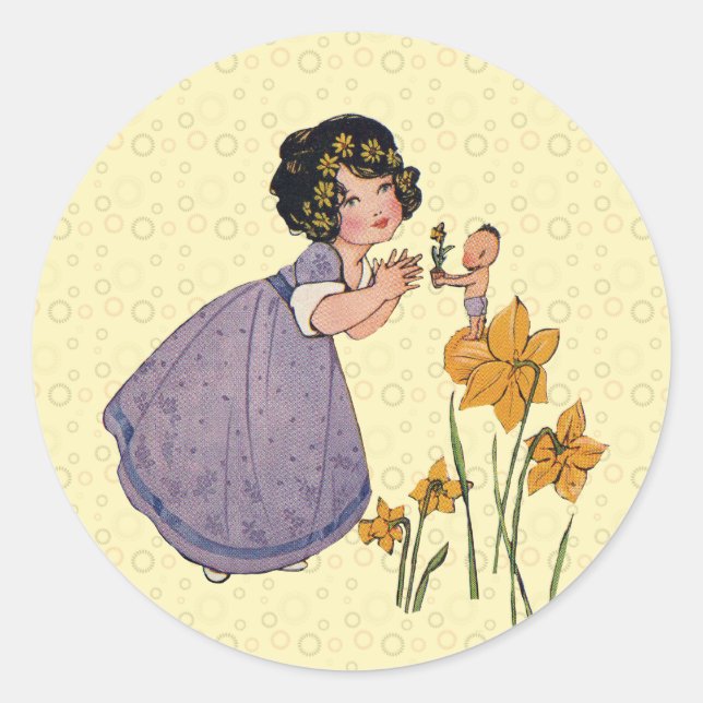 Pegatina Redonda Chica Elf Fairy Daffodil Antiguo Pascua (Anverso)