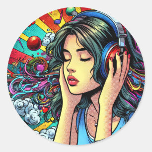 Pegatina Redonda Chica escuchando música sobre audífonos Psicodélic