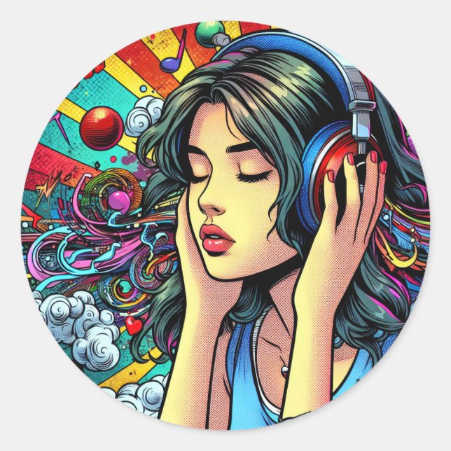 Pegatina Redonda Chica escuchando música sobre audífonos Psicodélic (Anverso)