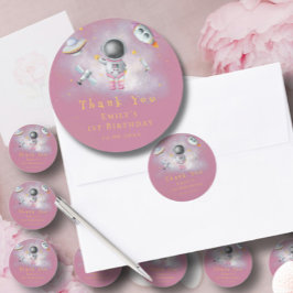 Pegatina Redonda Chica espacial Astronauta estrella de cohete rosa 