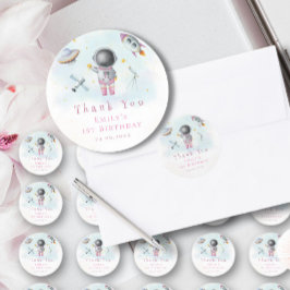 Pegatina Redonda Chica espacial Astronauta estrella de cohete rosa 