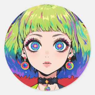 Pegatina Redonda Chica Espacial Glitchcore Con Ojos De Estrella